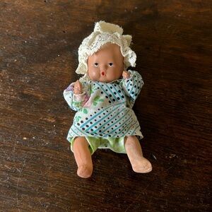 Vintage Doll with Floral Dress and Lace Bonnet